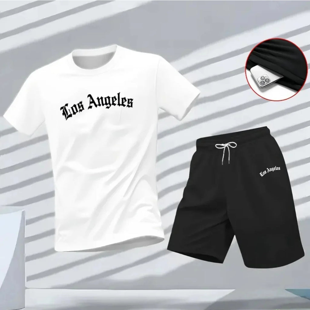 Men's Los Angeles Letter Print Tracksuit 2-Piece Set O-Neck Short Sleeve Shirt And Shorts plus Size Running Suit