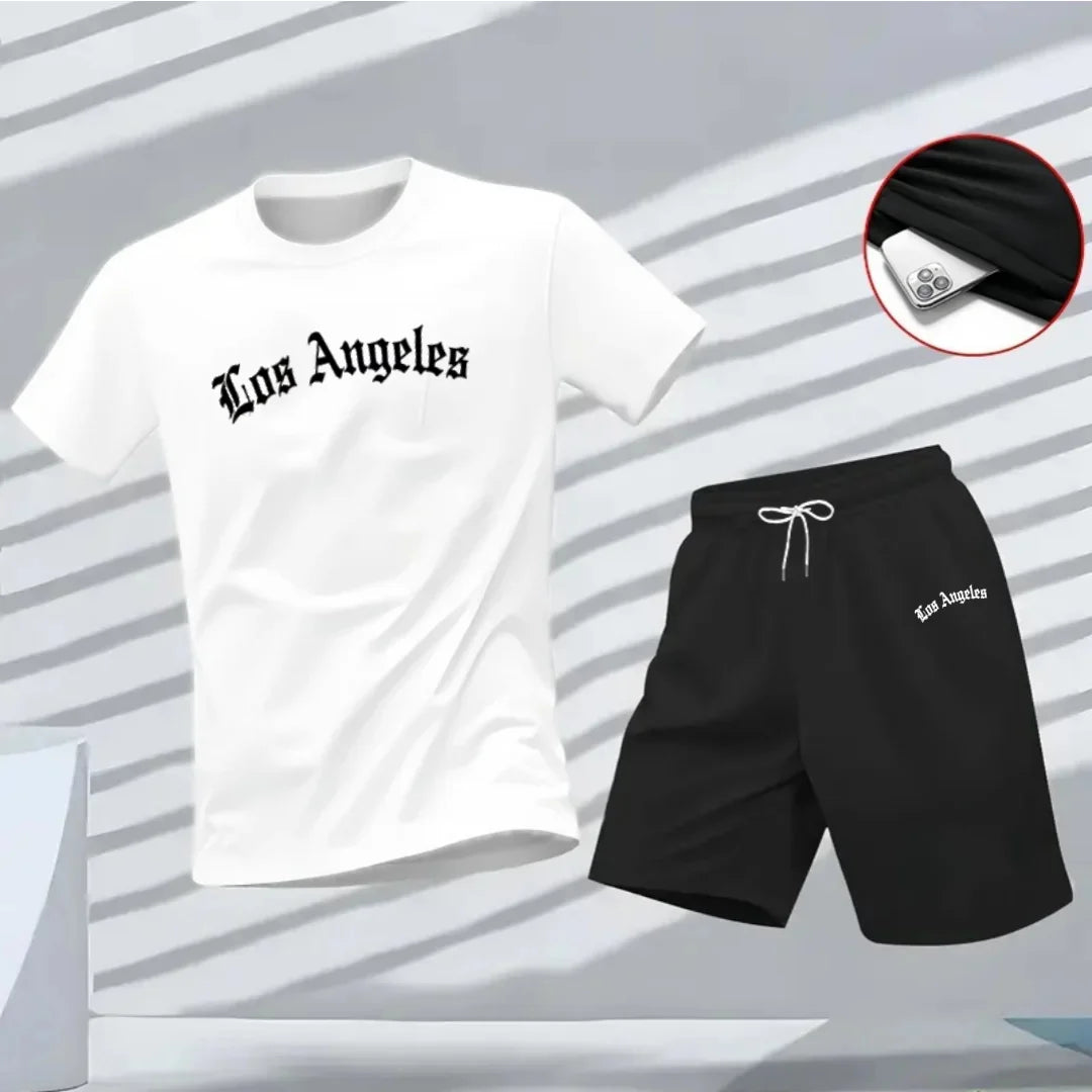 Men's Los Angeles Letter Print Tracksuit 2-Piece Set O-Neck Short Sleeve Shirt And Shorts plus Size Running Suit