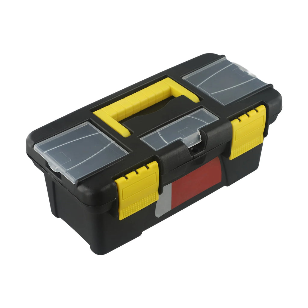 10-Inch Two-Layer Plastic Toolbox With Metal Hinges And 4 Latches For Tool Storage And Accessories Organization Black