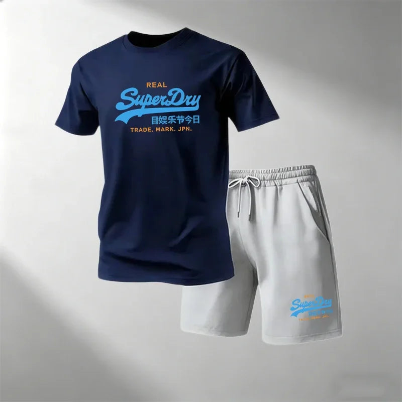 Summer Street Fitness Men's T-Shirts Sets Short Sleeve T-Shirt + Shorts Quick Dry Breathable Round Neck Running Suit Hot Sale