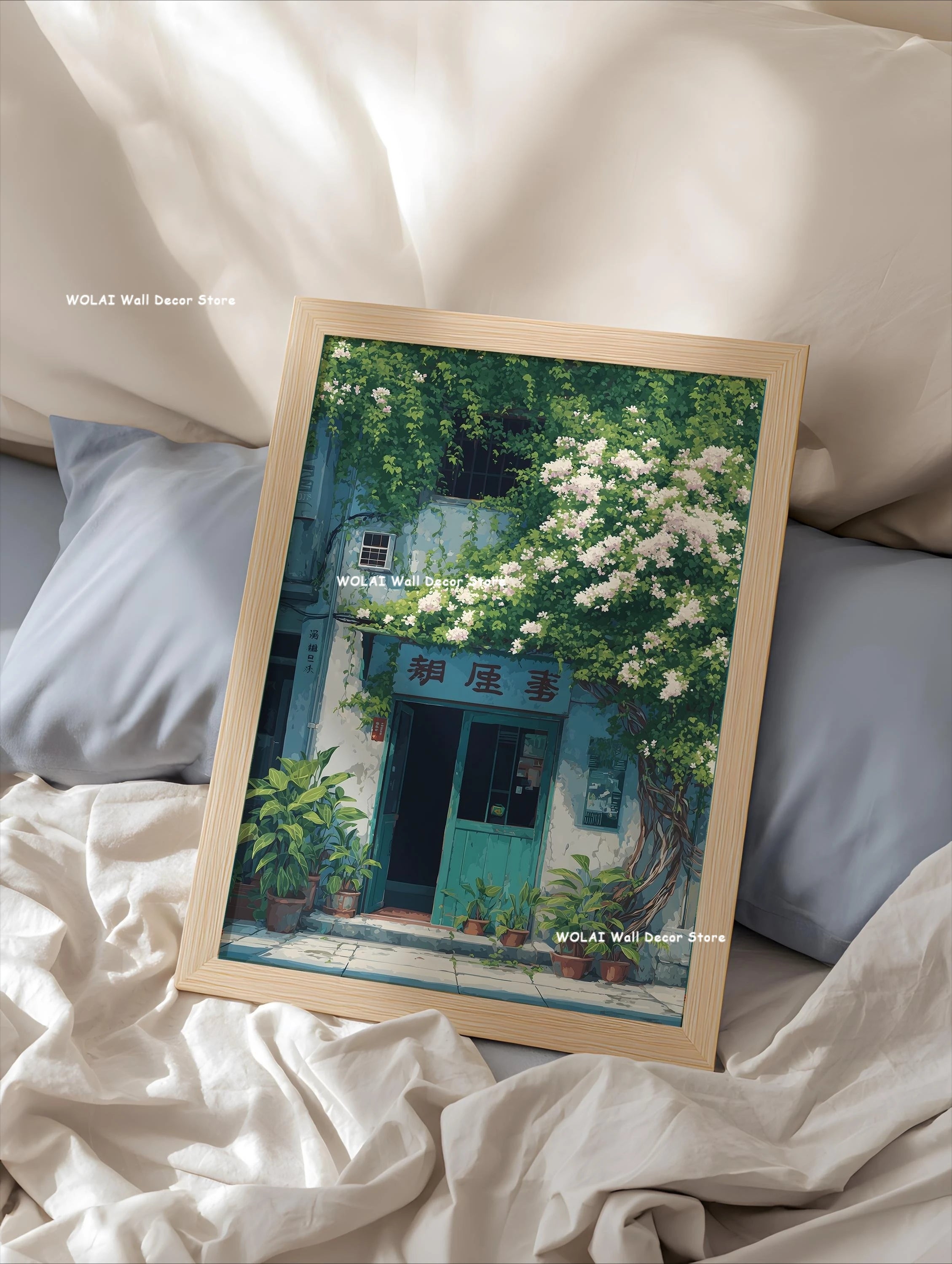 Anime Cafe Shop and Bicycle Canvas Poster Ghibli Work Anime Style Street Cafe Scene Wall Art Printing for Living Room Home Decor