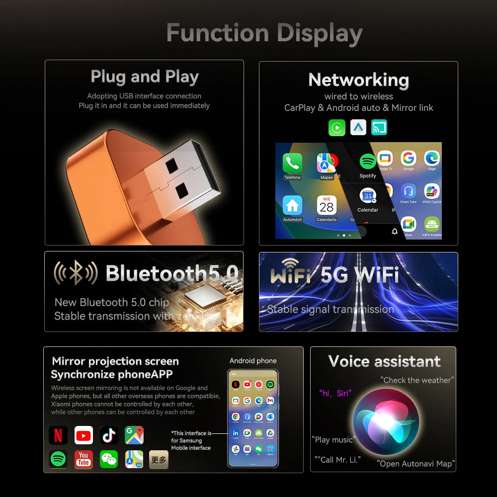 The latest upgraded 3-in-1 wireless CarPlay adapter with colorful breathing light, plug and play wired to wireless converter, compatible with IOS CarPlay and Android Auto, supports 2.4/5GHz WiFi and wireless 5.0, wireless Air