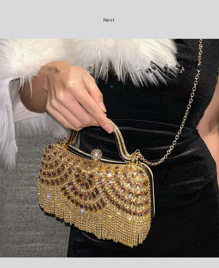 Diamond Evening Clutch Bag Golden Tassel Handbag Boutique Novelty Metallic Rhinestone Purses and Handbags Bridal Wedding Party