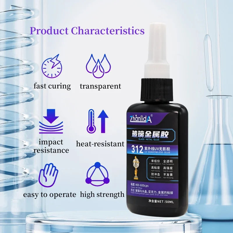 312 UV Shadowless Adhesive Clear Plastic Super Glue Soft Bonding Acrylic Rubber Glass Metal Jewelry With Flash Light Fast Curing