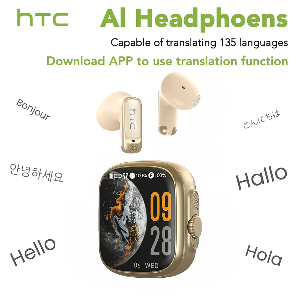 HTC NE72 AI Translate Bluetooth Earphones Wireless Earbuds LED TouchScreen HiFi Stereo Audio Noise Cancellation In-Ear Headphone