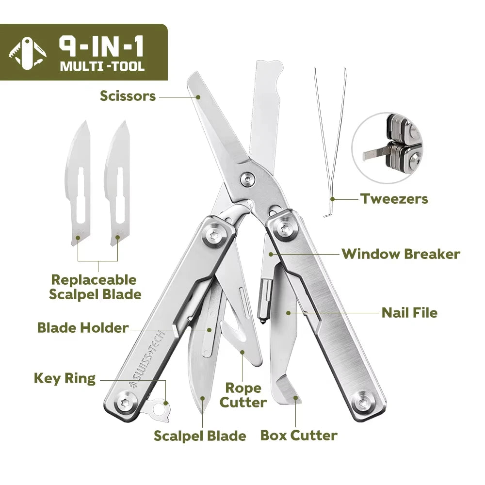 SWISS TECH 9 In 1 Rescue Survival Scissors Folding Knife Outdoor EDC Mini Multitool Keychain Multi Tools Window Breaker