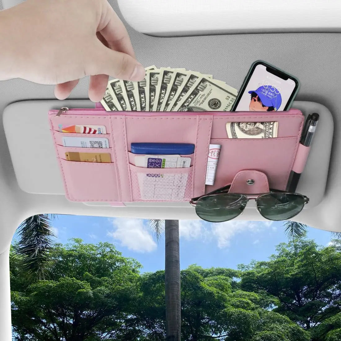 Car Visor Organizer, Auto Interior Accessories, Car Truck SUV Storage Pouch Holder, with Multi-Pocket Net Zipper