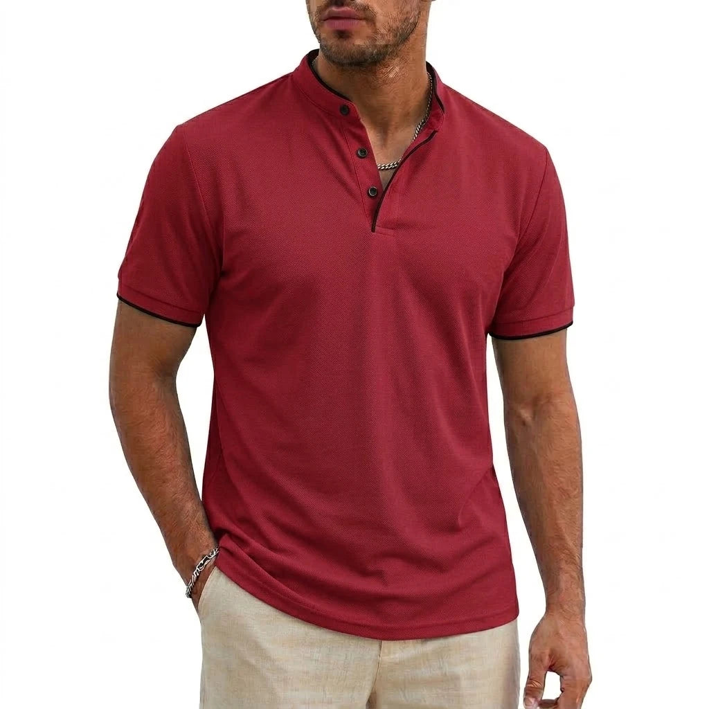 Men Short Sleeve Henley T-Shirt Summer Casual Solid Button-up Shirt V Neck Tee Fitness Breathable Classic Collarless Pullover