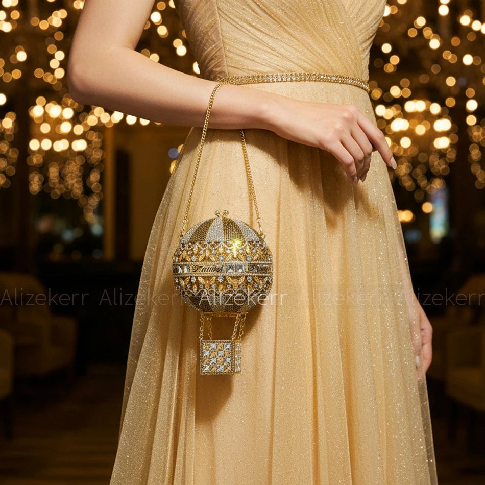 Alizekerr Hot Air Balloon Shaped Crystal Evening Bags Women Luxury Classy Unique Rhinestone Circular Clutch Purses Wedding Party