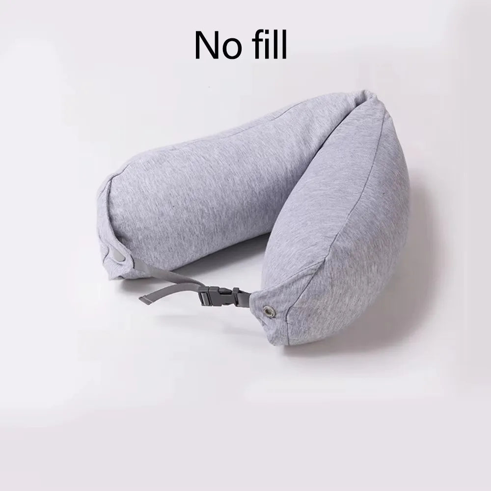 Fillable Travel Neck Pillow Neck Support with Hood Nap Pillow Adjustable with Storage Pouch Airplane Neck Pillow