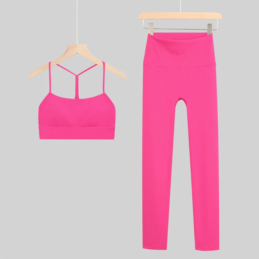 New Yoga Women Vest Gym Top Y-shape Bra Set Comfortable Running Fitness Cropped Pants Sportswear