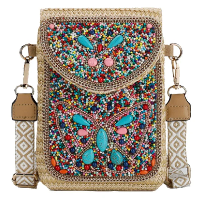 Advanced straw woven crossbody bag, new fashionable rice bead bag, European and American woven women's shoulder phone bag