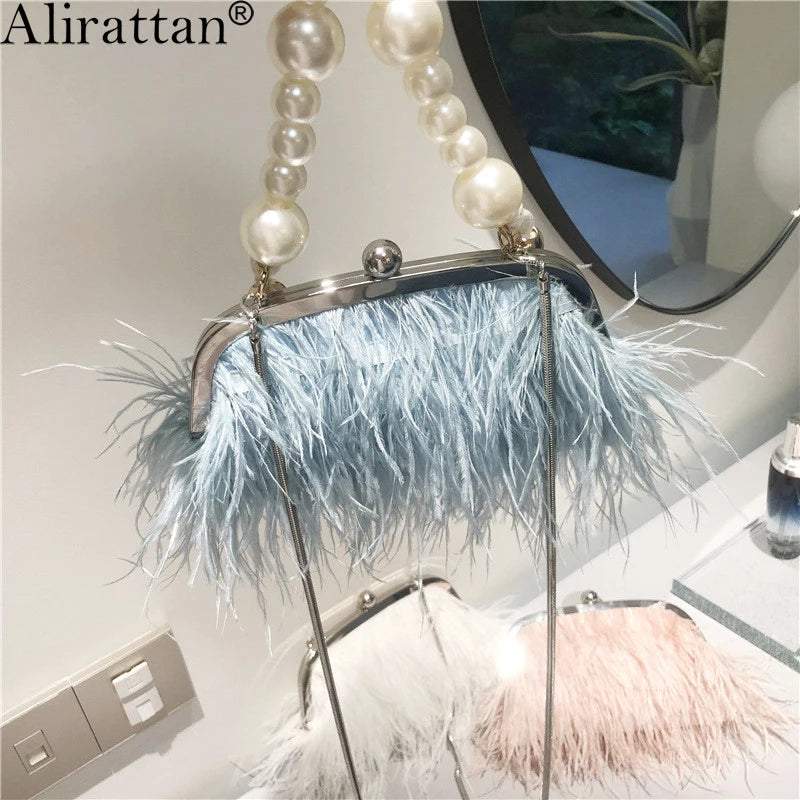 New Ostrich Hair Evening Clip Clutch Bag Fashion Lady Wedding Party Pouch Bag Chain Shoulder Crossbody Ostrich Feather Bag