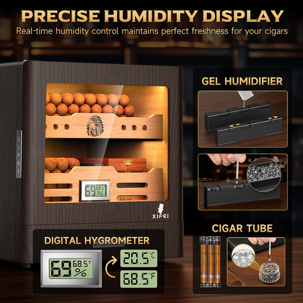 Cigar Humidor Cabinet,LED Lighting,Digital Hygrometer,2 Humidifiers,Cigar Tube,Desktop,Cedar Wood,with Drawer up to 100 Cigars