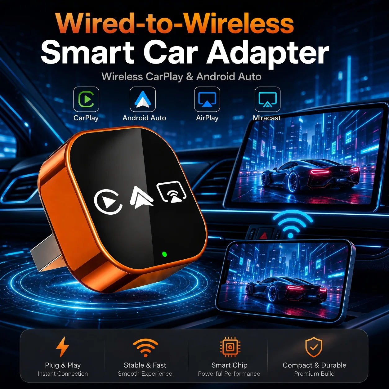 New Upgrade 4 in 1 Smart Car Dongle Wireless CarPlay& Android Auto Wired to Wireless Converter AirPlay Miracast Screen Mirroring
