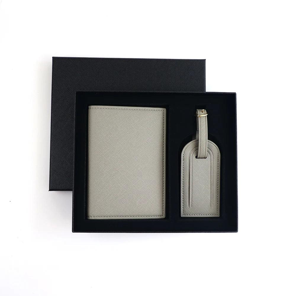 Customized name set, unisex Safiano PU leather passport holder and luggage tag gift box
