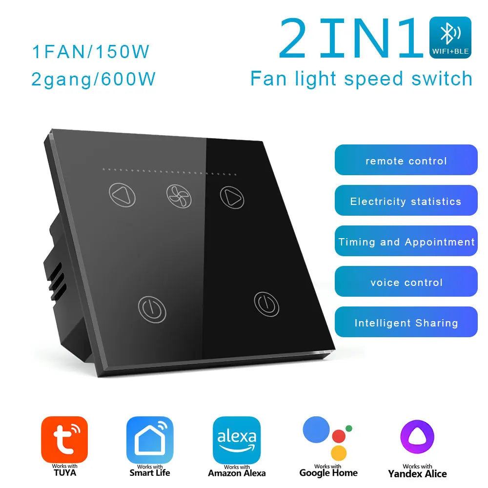 WiFi Smart Switch for Ceiling Fan Light EU Standard Compatible with Alexa/Google Assistant White/Black