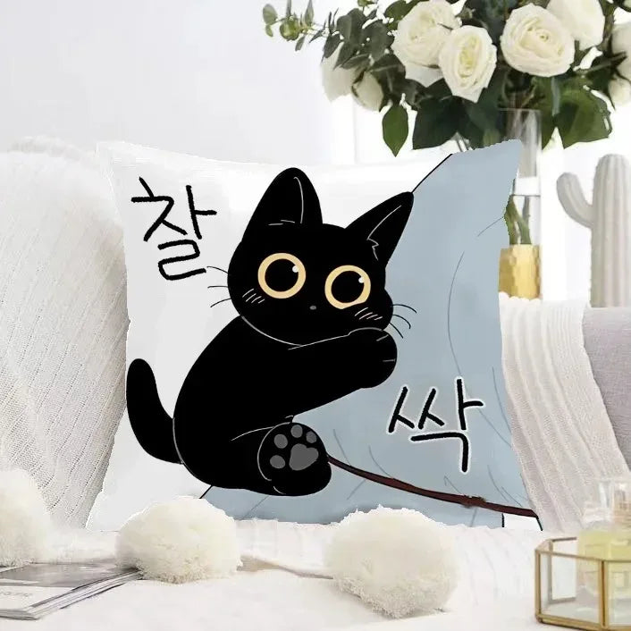 Cute Black Cat Double-sided Printed pillow cover Short plush Suitable living rooms bedrooms sofas throw cushion cover