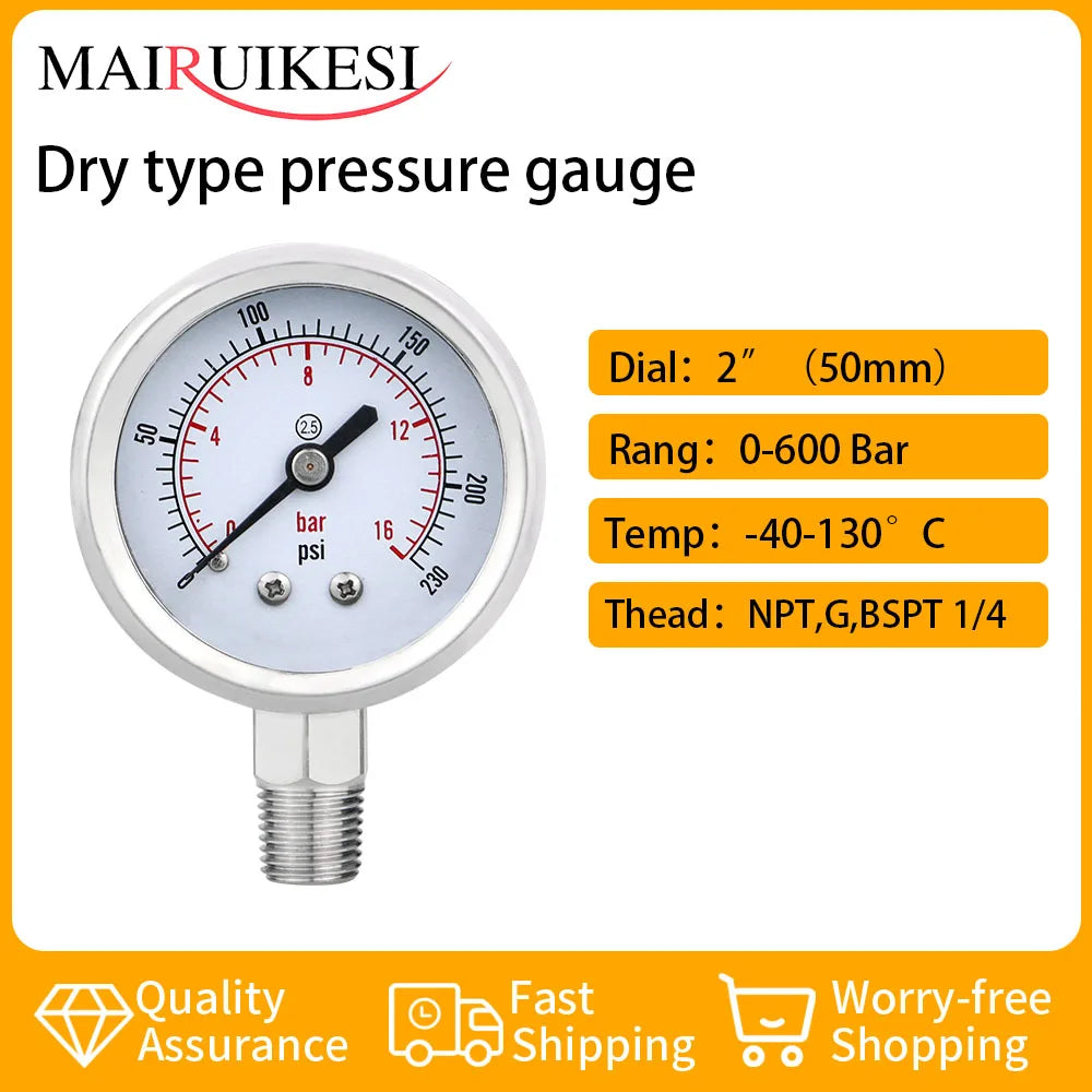 MAIRUIKESI Stianless steel pressure gauges 50mm(2") Accuracy 2.5% Bottom Connection  Hydraulic High water vacuum manometer