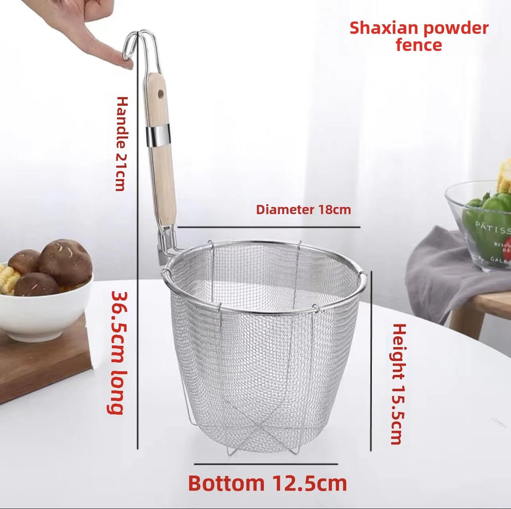 Stainless Steel Noodle Funnel Wooden Handle Multifunctional Fine Mesh Sieve Spoon Thickened Pasta Basket Strainer