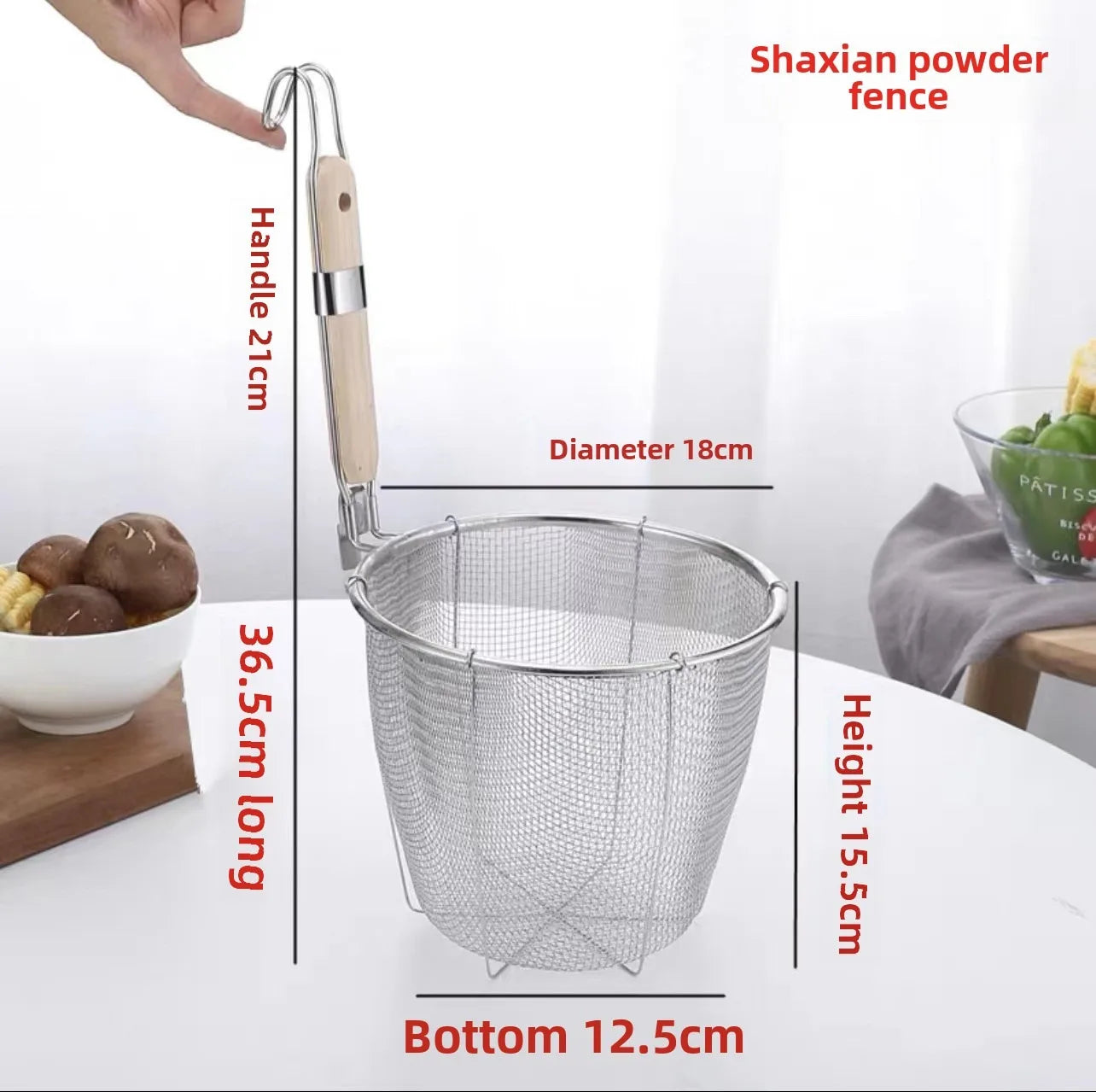 Stainless Steel Noodle Funnel Wooden Handle Multifunctional Fine Mesh Sieve Spoon Thickened Pasta Basket Strainer