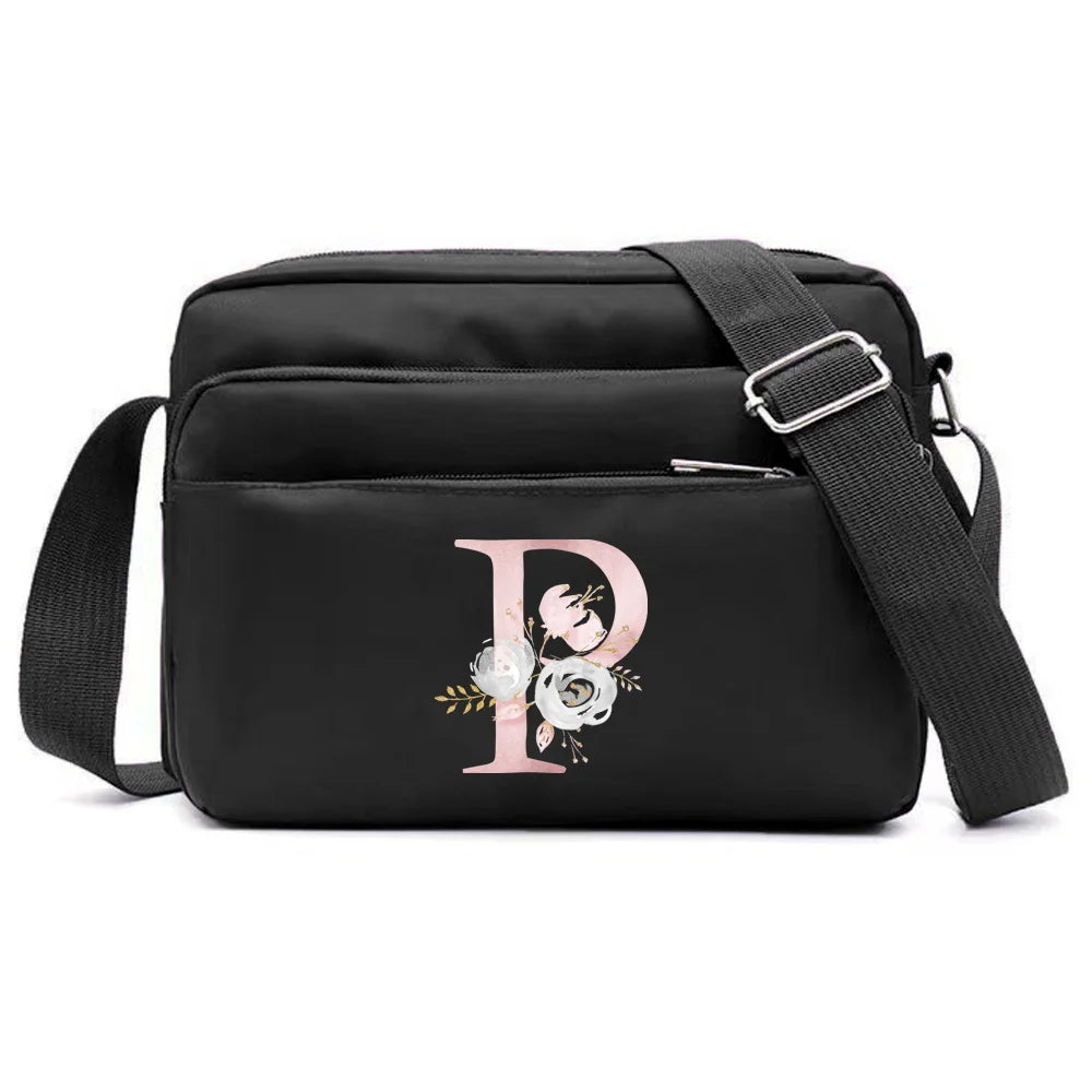 New Simple Black Storage Bag Multi-layer Travel Leisure One Shoulder Crossbody Bag Pink Flower Letter Series Printing Pattern
