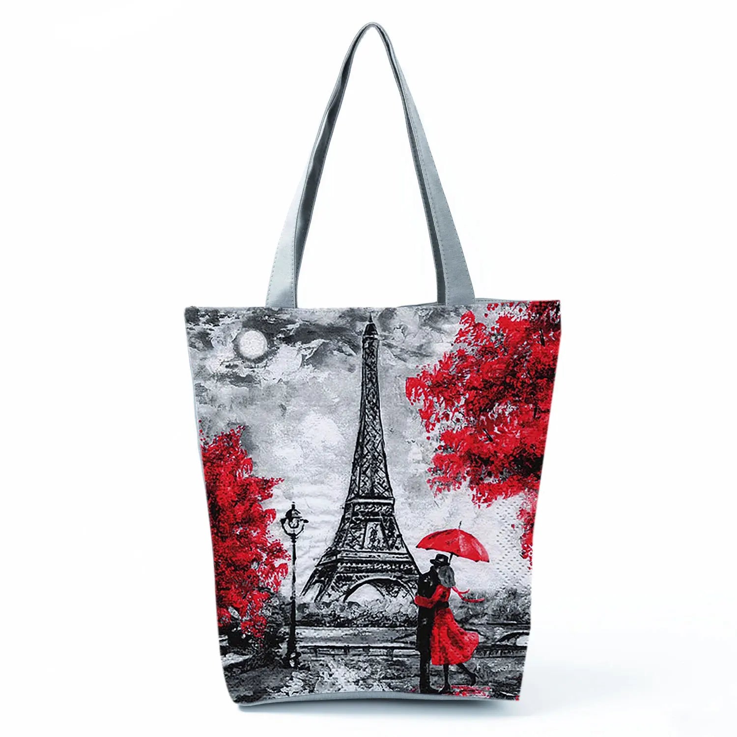 Floral Eiffel Tower Print Tote Bag Paris Landscape Shoulder Bag Fashion Pretty Handbags High Capacity Shopping Bag Eco Beach Bag