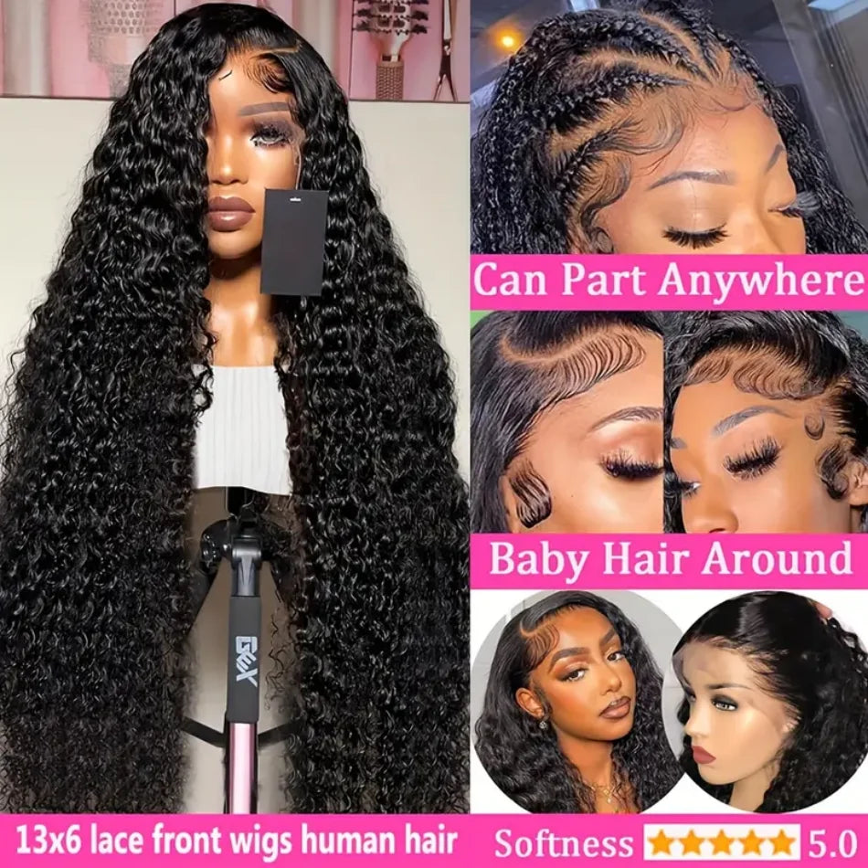 13X6 Hd Lace Frontal Wig Curly Deep Wave Human Hair Wigs 40 Inch Lace Front Wigs Brazilian Natural Black 230 Density Pre Plucked
