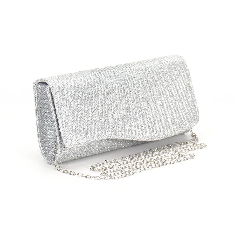 2026 New Women Fold Glitter Handbag Shiny Envelope Evening Bag Ladies Pleated Silver Clutch Chain Wedding Party Mini Long Purse