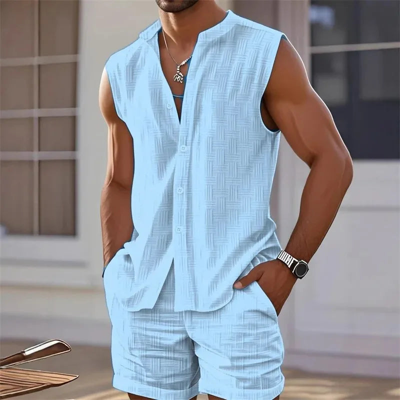 Men's vest shirt, sleeveless top and shorts two-piece checkered set, casual and fashionable Hawaiian beach set
