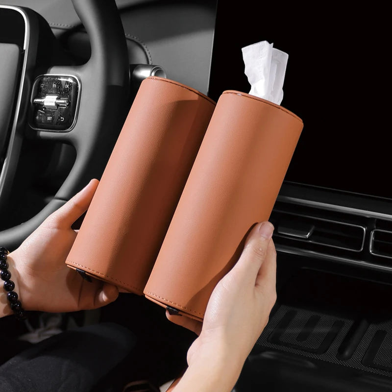 1Pc Universal Cylinder Car Tissue Box Luxury PU Leather Napkin Holder for Cup Holder Storage Case Suitable for Tesla Audi Merced