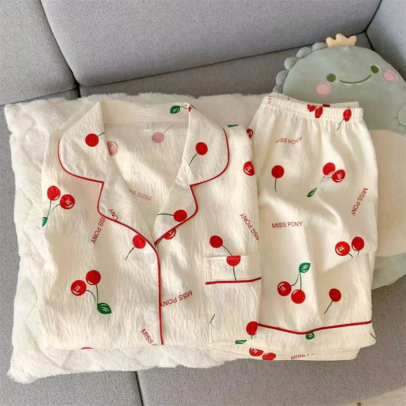 Women's Summer Pajamas, Thin Cherry-Patterned Short-Sleeved Shorts, Sweet and Cute, Can Be Worn Outside in Summer, Two-Piece Home Wear Set