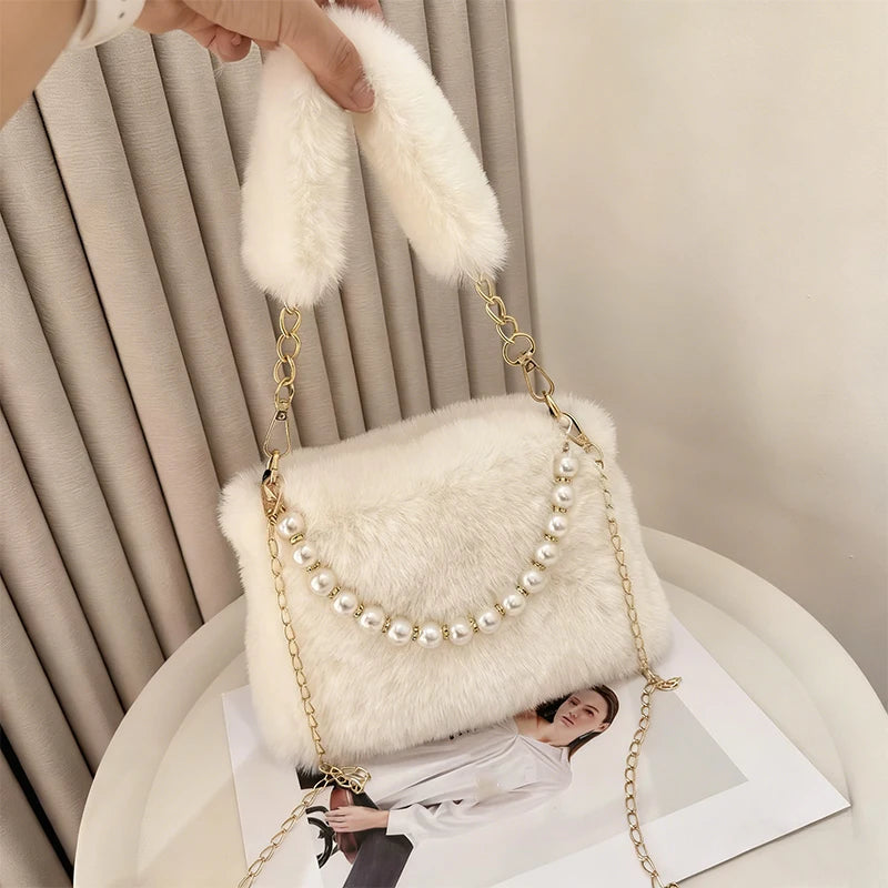 Fashionable Pearl Rabbit Fur Handbag Women's Crossbody Bag Chain Design Winter Small Versatile Shoulder Bag