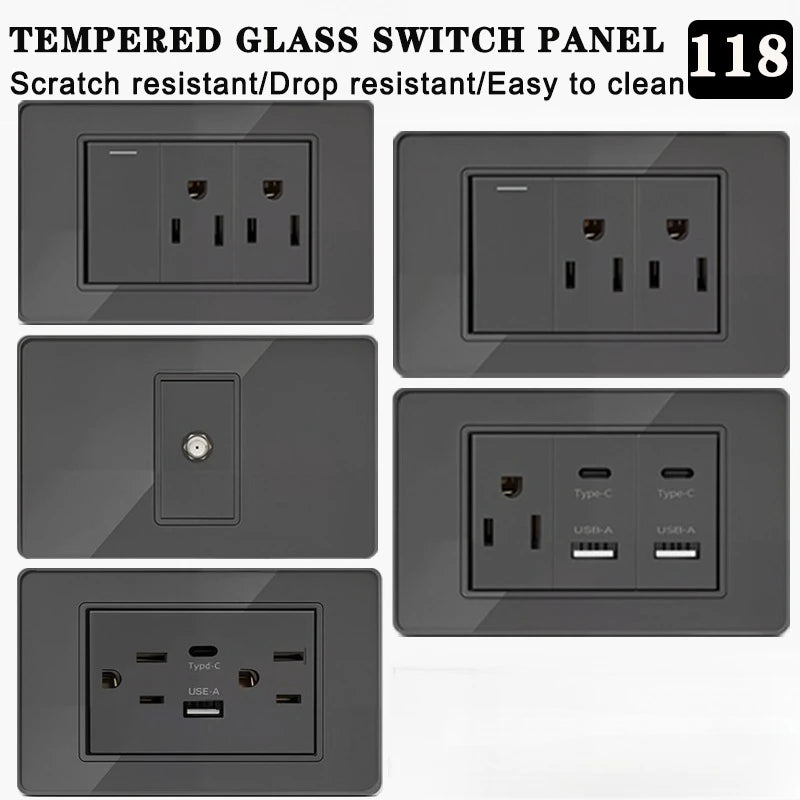 118*75mm TEMPERED GLASS SWITCH PANEL Wall Socket with USB Type - C, Grey US Switch, Thai Plug for Home & Office Use