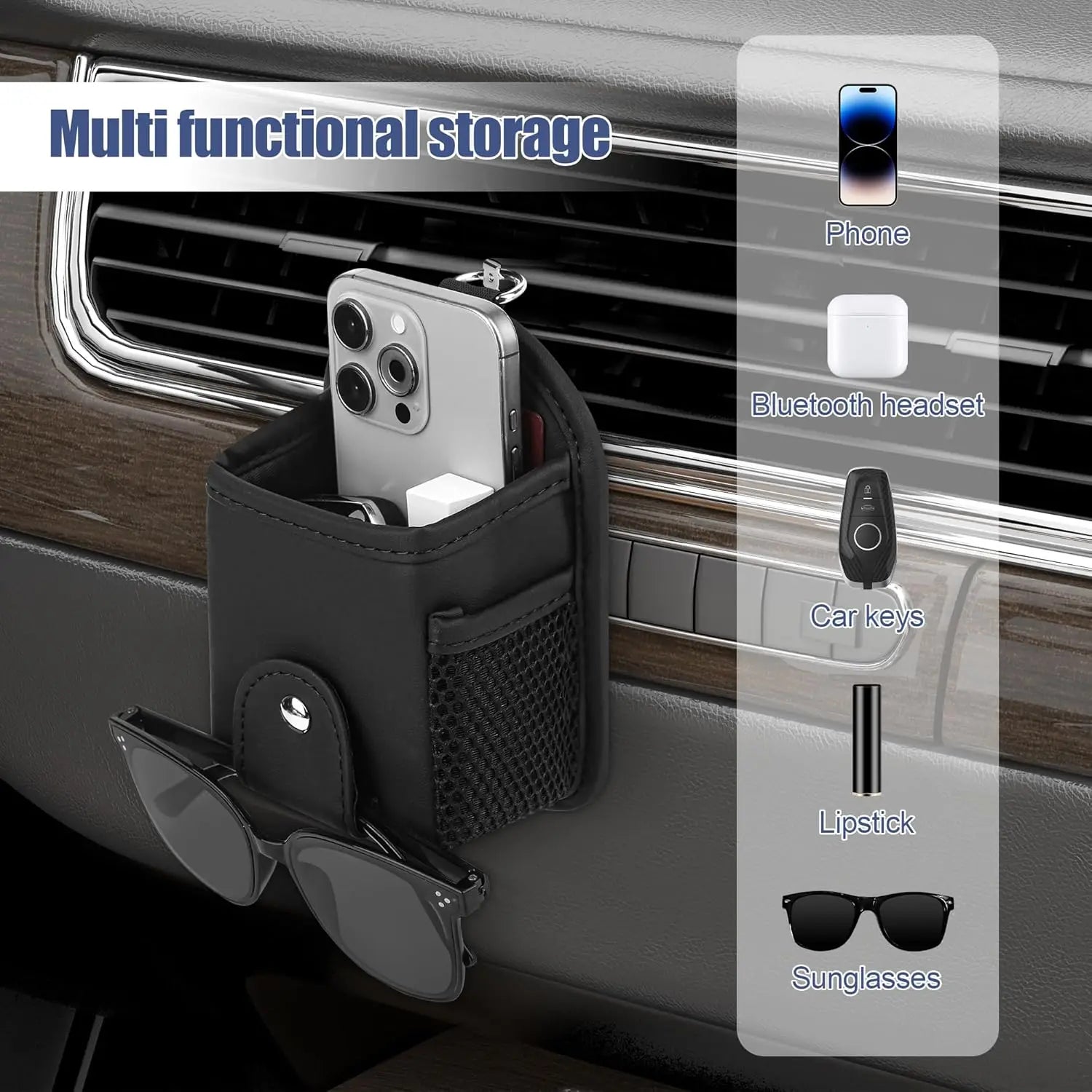 Health Gear Car Air Vent Storage Holder, Car Vent Organizer, PU Leather Vent Storage Bag with Hook, Pocket Car Air Vent Outlet O
