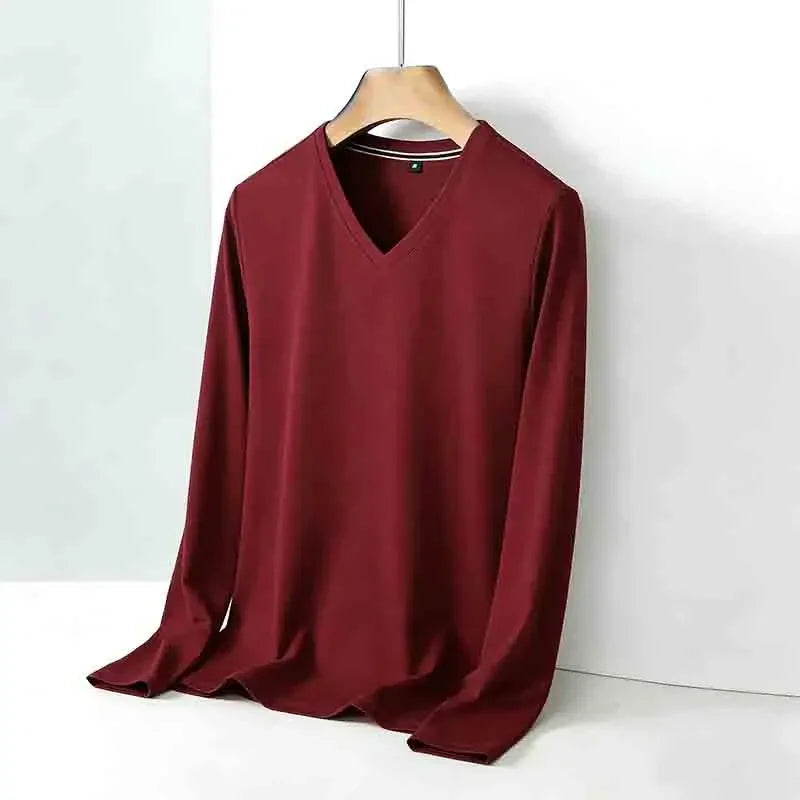 Basic Men's Light Gray V-neck Long Sleeve T-shirt Textured Fabric Casual Top for Everyday Outfits