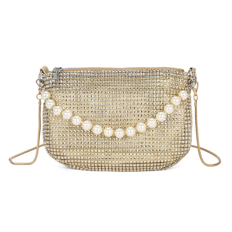 Pearl Handle Full Rhinestone Bags Handbags Gold Shoulder Bags Evening Party Clutch Fashion Luxury Purse Banquet Glitter Prom Sac