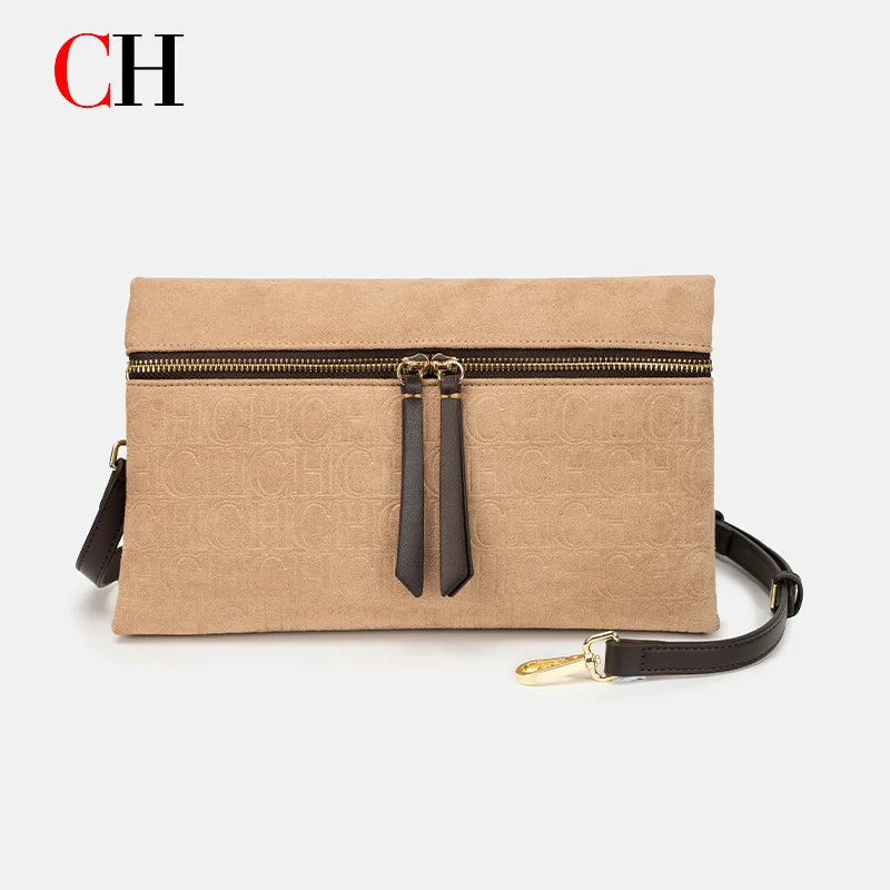 CH Crossbody Bag Women Embossed Suede Shoulder Bag Double Zipper Clutch Purse Vintage Daily Evening Handbag Bolsos Mujer