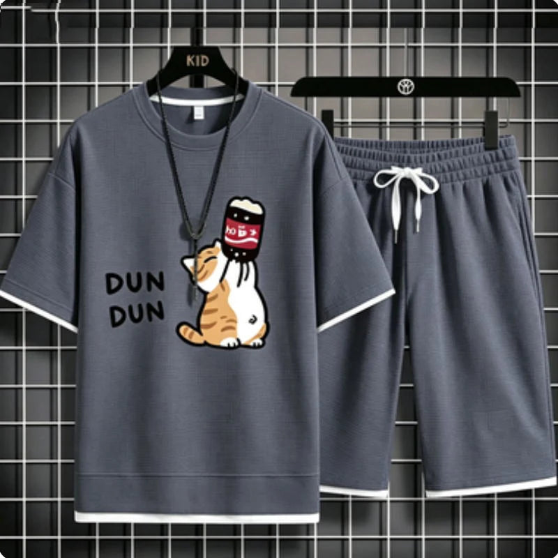 Cute cartoon cat funny print pattern loose short-sleeved set for men - casual waffle-style sports outfit