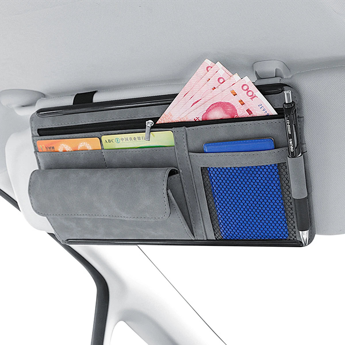 Multi-Pocket Car Sun Visor Organizer, Hanging Holder for Cards, Phones, Glasses and Pens to Store Small Vehicle Belongings