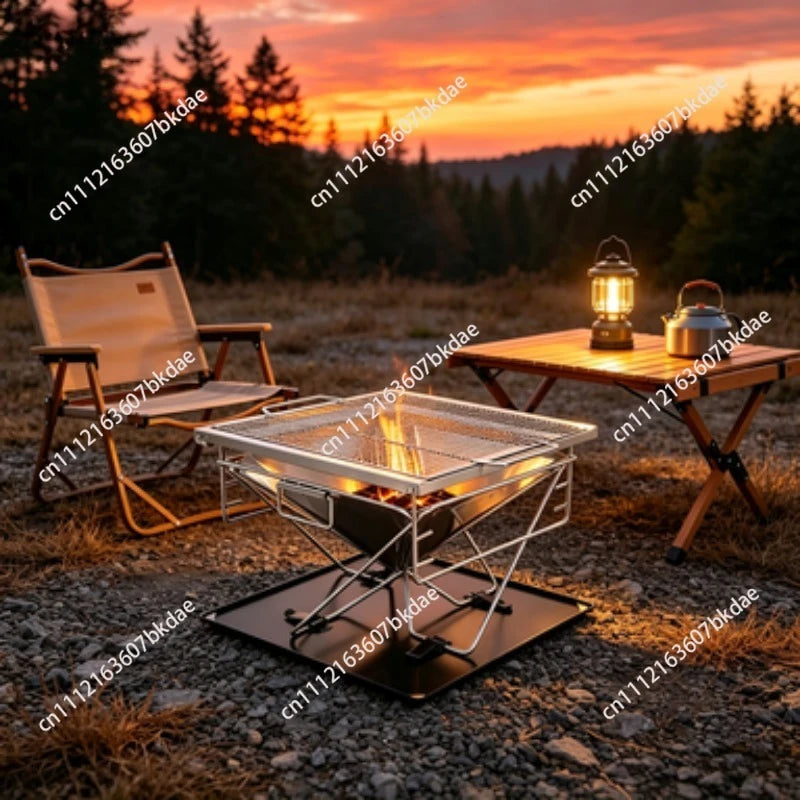 3Height Adjustable Folding BBQ Grill Thickening Stainless Steel Fire Table Multifunctional Park Picnic Insulation Campfire Stand