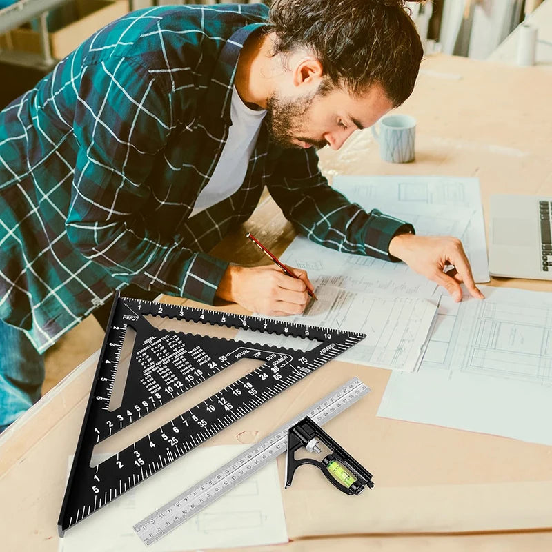 Premium Rafter Square and Combination Triangle Square Set, Woodworking Framing Square, Ruler and Protractor Tool Set