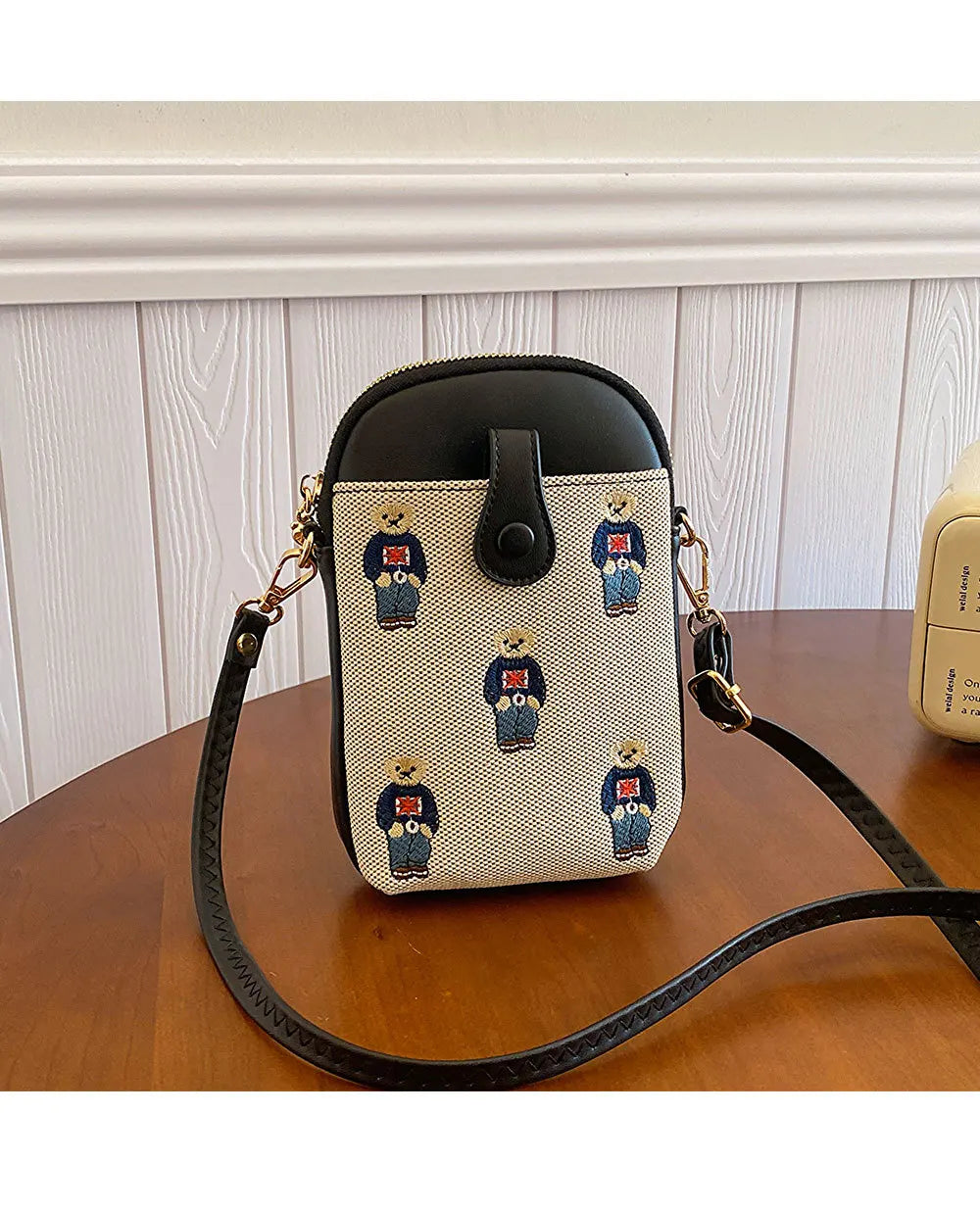 Canvas Embroidered Bear Mobile Phone Bag for Women Large Capacity Crossbody Bag with Compartments