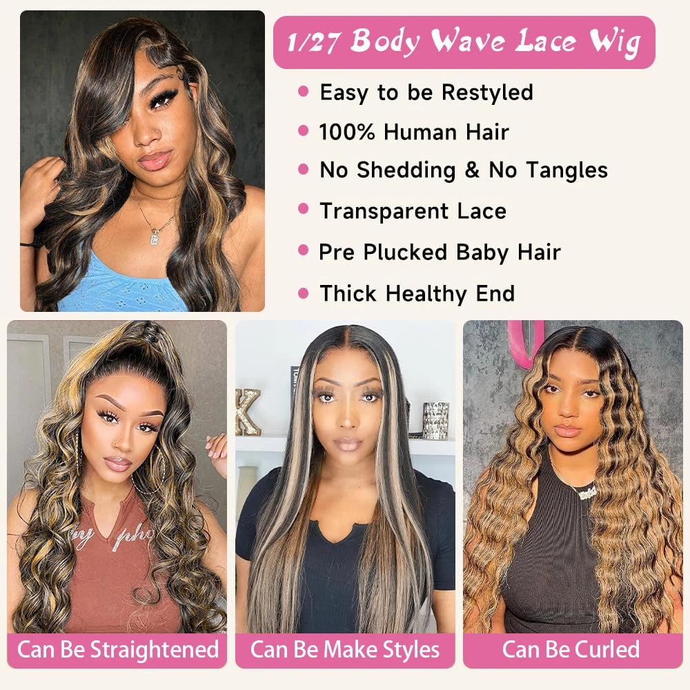 32 Inch Body Wave 1B/27 Highlight 13x6 Lace Frontal Wigs Human Hair Wig Brazilian 200 Density Colored Ombre Lace Wig For Women