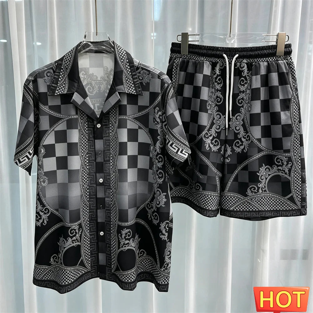 Gradient Leisure vacation two-piece set Summer mens shirt set men's matching sets menswear clothing Two piece shorts shirt sets