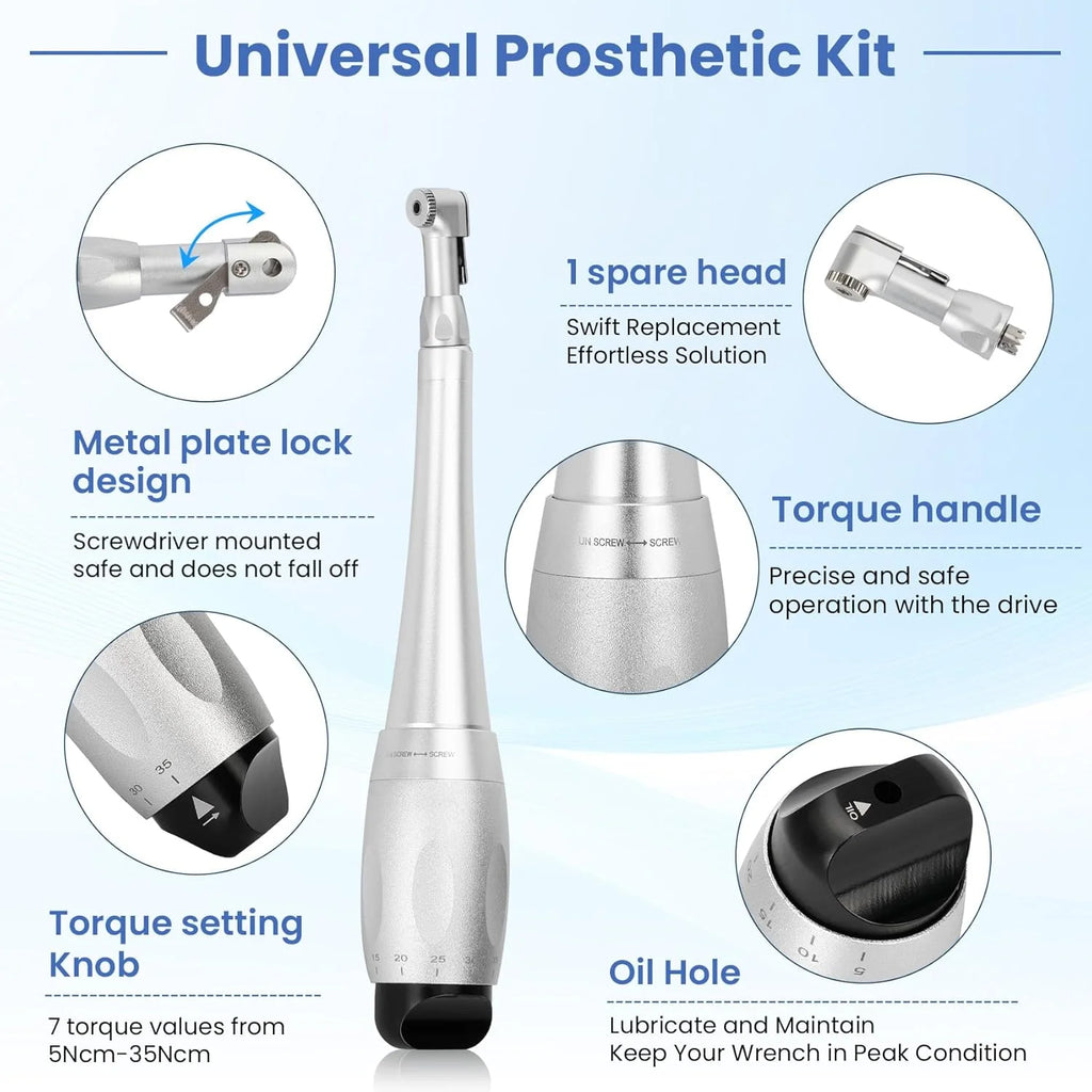 Dental implant torque wrench, universal dental implant tool kit, repair screwdriver blade tip