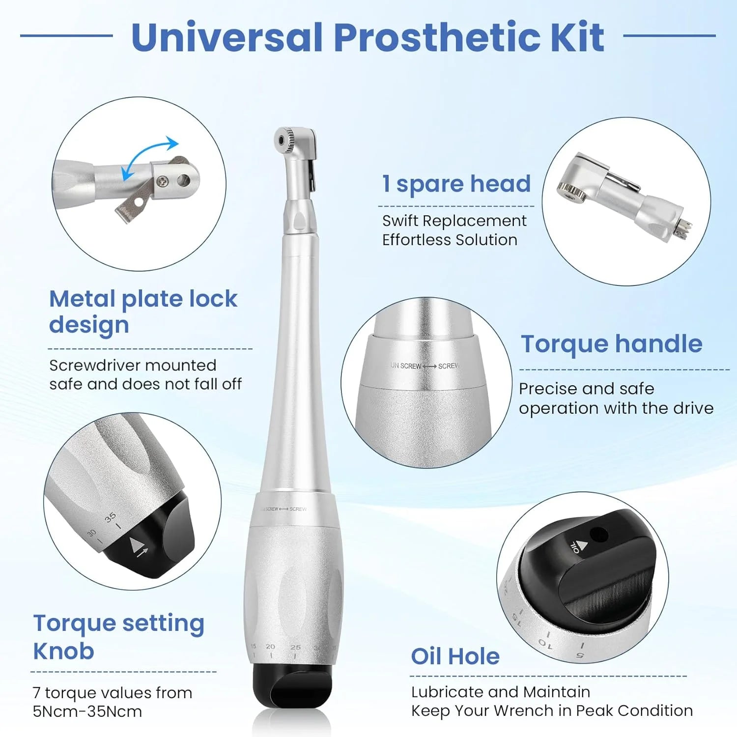 Dental implant torque wrench, universal dental implant tool kit, repair screwdriver blade tip