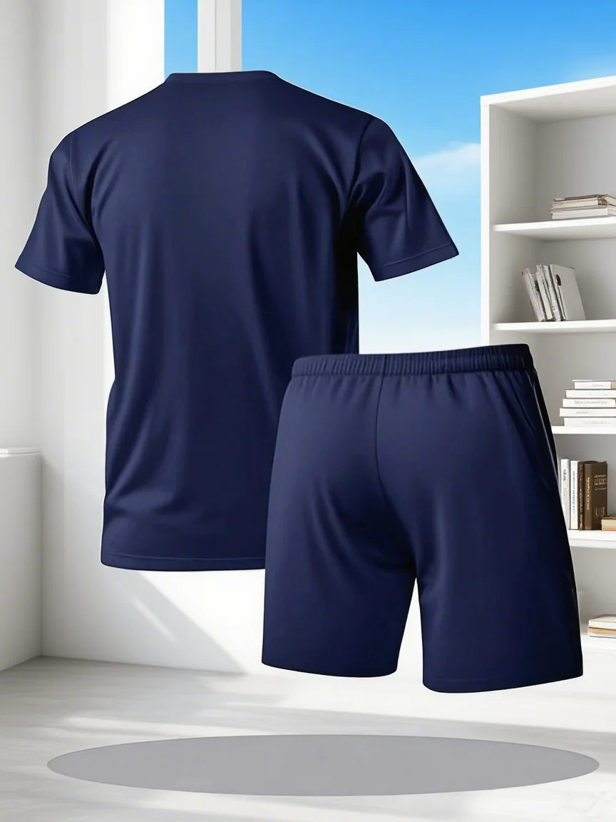 Men's Summer Breathable Sportswear Short Sleeve Shorts Set ，Lightweight Comfortable Sport Style