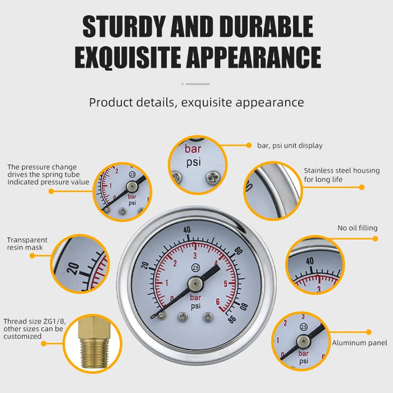 MAIRUIKESI Liquid filled Price Pressure Gauges 40mm(1.5")  Back Connection Stainless Steel Case Brass Joint Water Gas Manometer