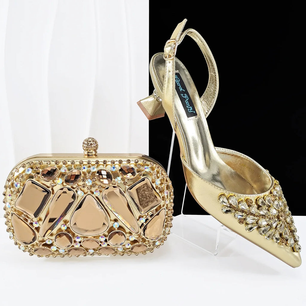 2025 Big Cryatal Italian Design African Women Shoes Matching Bag Pointed Toe Comfortable Heels for Party in Champagne Color